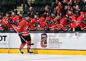 GRAND FORKS, NORTH DAKOTA - APRIL 23: Canada's Pascal Laberge #9 celebrates at the bench after giving his team a 1-0 lead over Sweden during semifinal round action at the 2016 IIHF Ice Hockey U18 World Championship. (Photo by Minas Panagiotakis/HHOF-IIHF Images)

