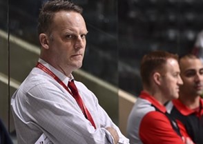 GRAND FORKS, NORTH DAKOTA - APRIL 15: Canada assistant coach Jarrod Skalde looks on from the bench during warm-up prior to preliminary round action against Denmark at the 2016 IIHF Ice Hockey U18 World Championship. (Photo by Minas Panagiotakis/HHOF-IIHF Images)

