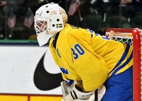 GRAND FORKS, NORTH DAKOTA - APRIL 16: Sweden's Filip Larsson #30 looks on during preliminary round action against the U.S. at the 2016 IIHF Ice Hockey U18 World Championship. (Photo by Minas Panagiotakis/HHOF-IIHF Images)

